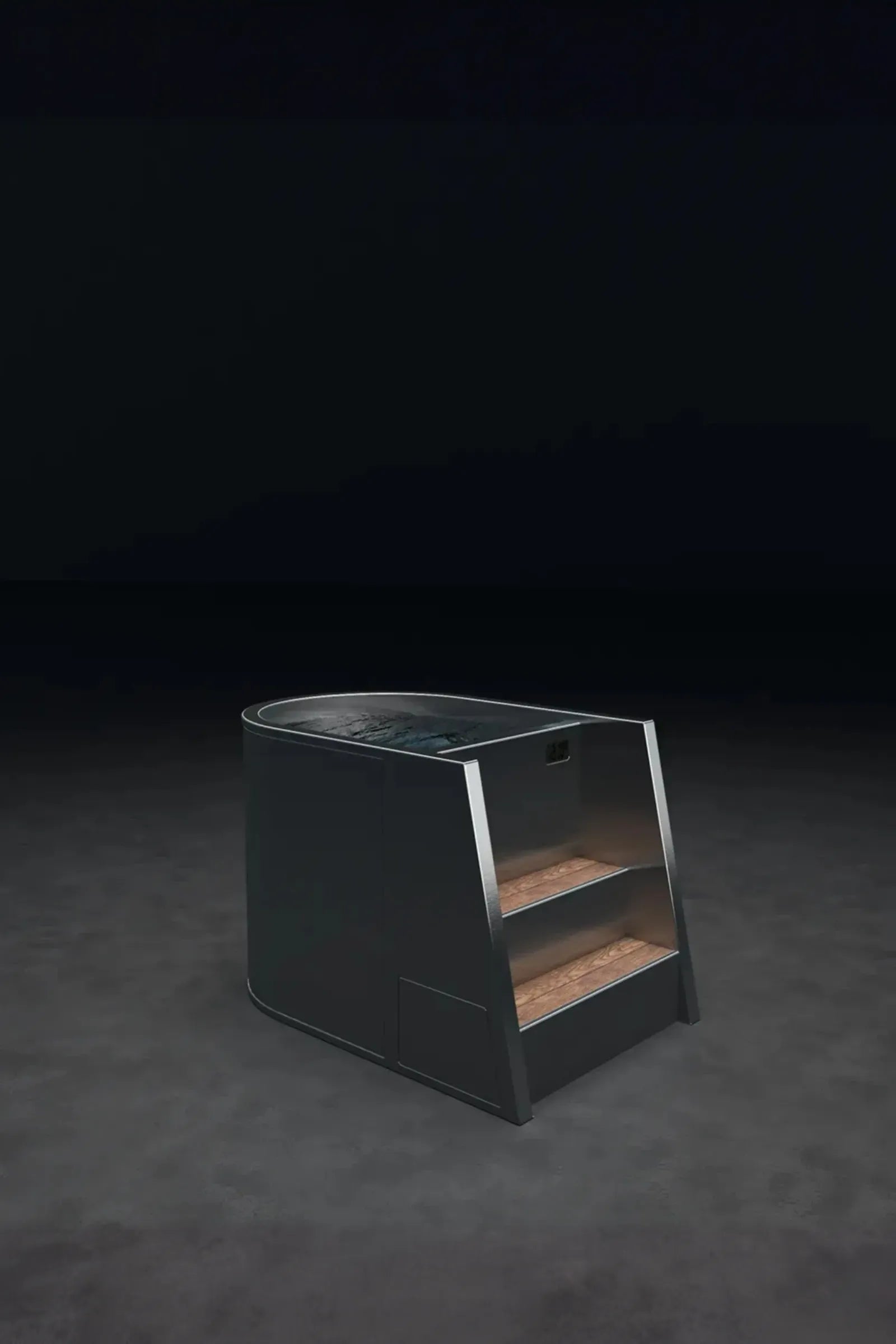 Modern luxury ice bath tub with sleek metal finish and wooden steps