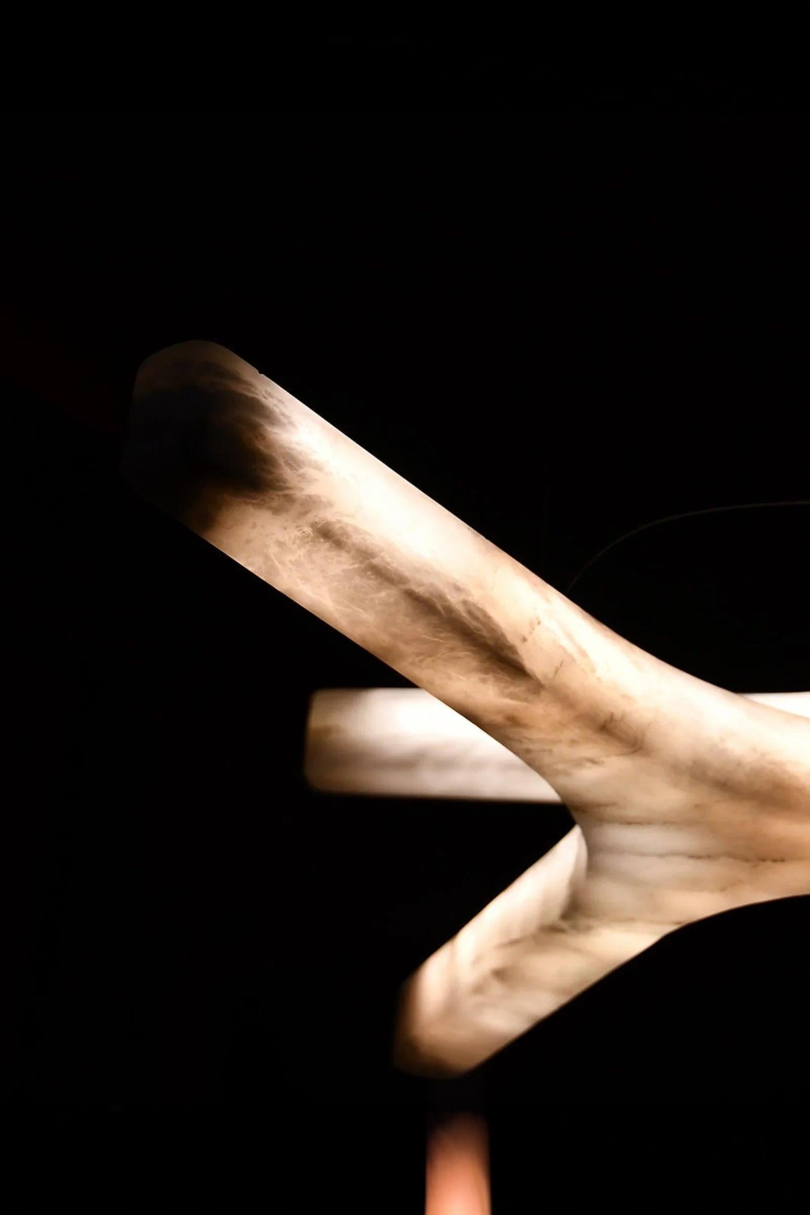 Modern branch-shaped designer ceiling light with a marble effect, illuminated in a dark room