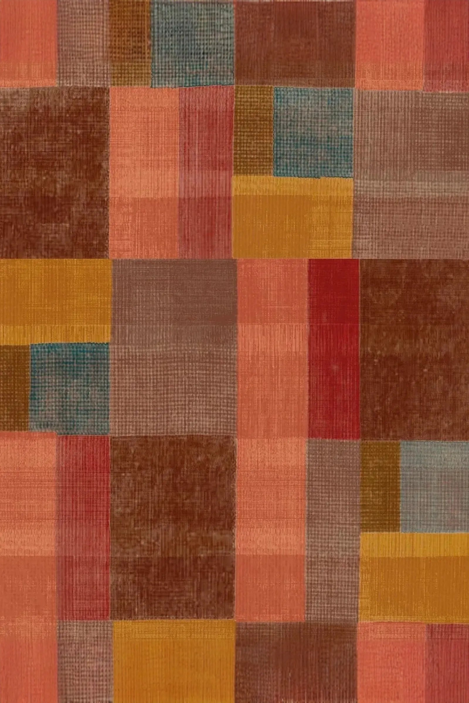Colorful geometric tartan textile pattern with red, brown, gold, and blue blocks