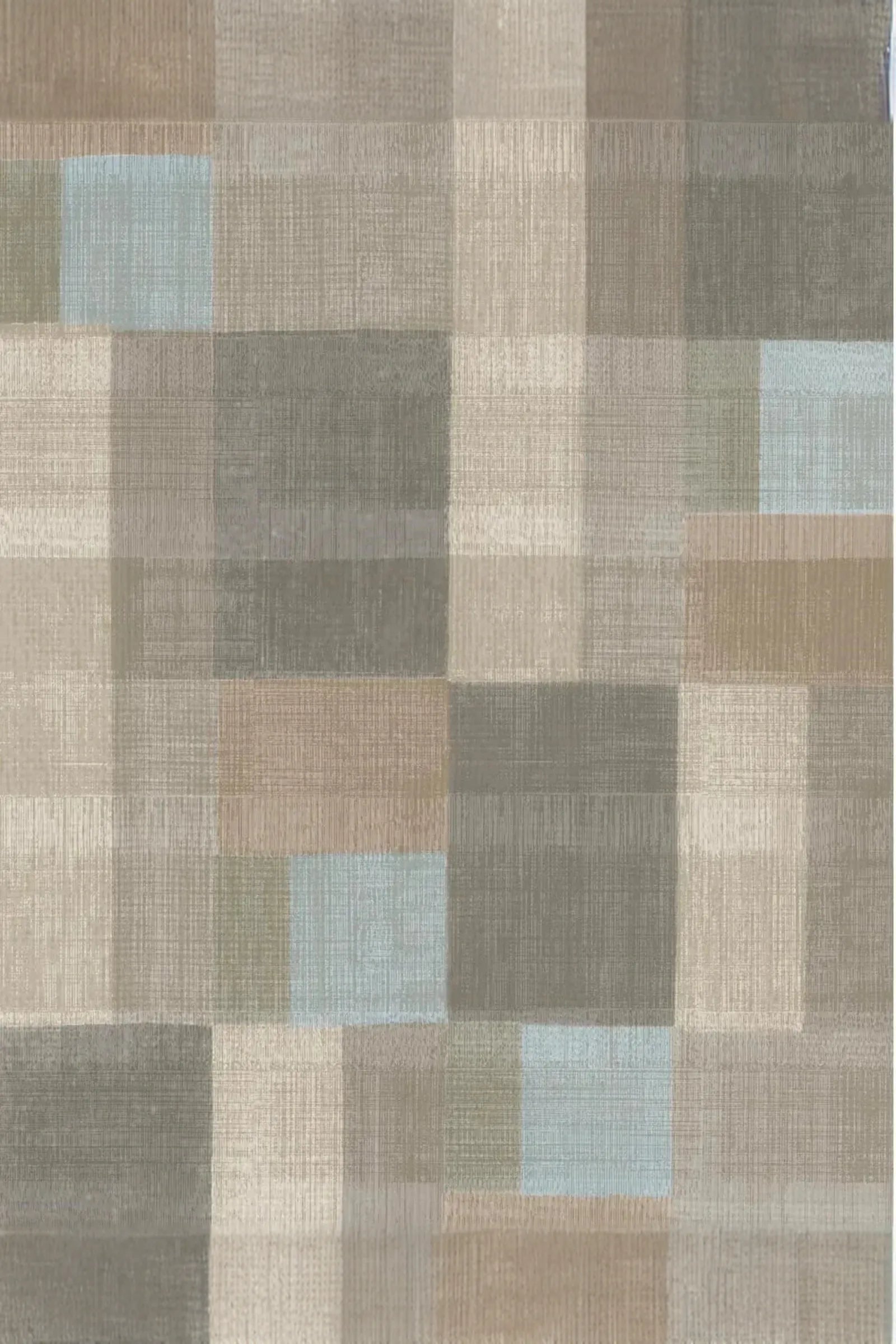 Modern tartan pattern with muted beige, grey, blue, and brown textured squares