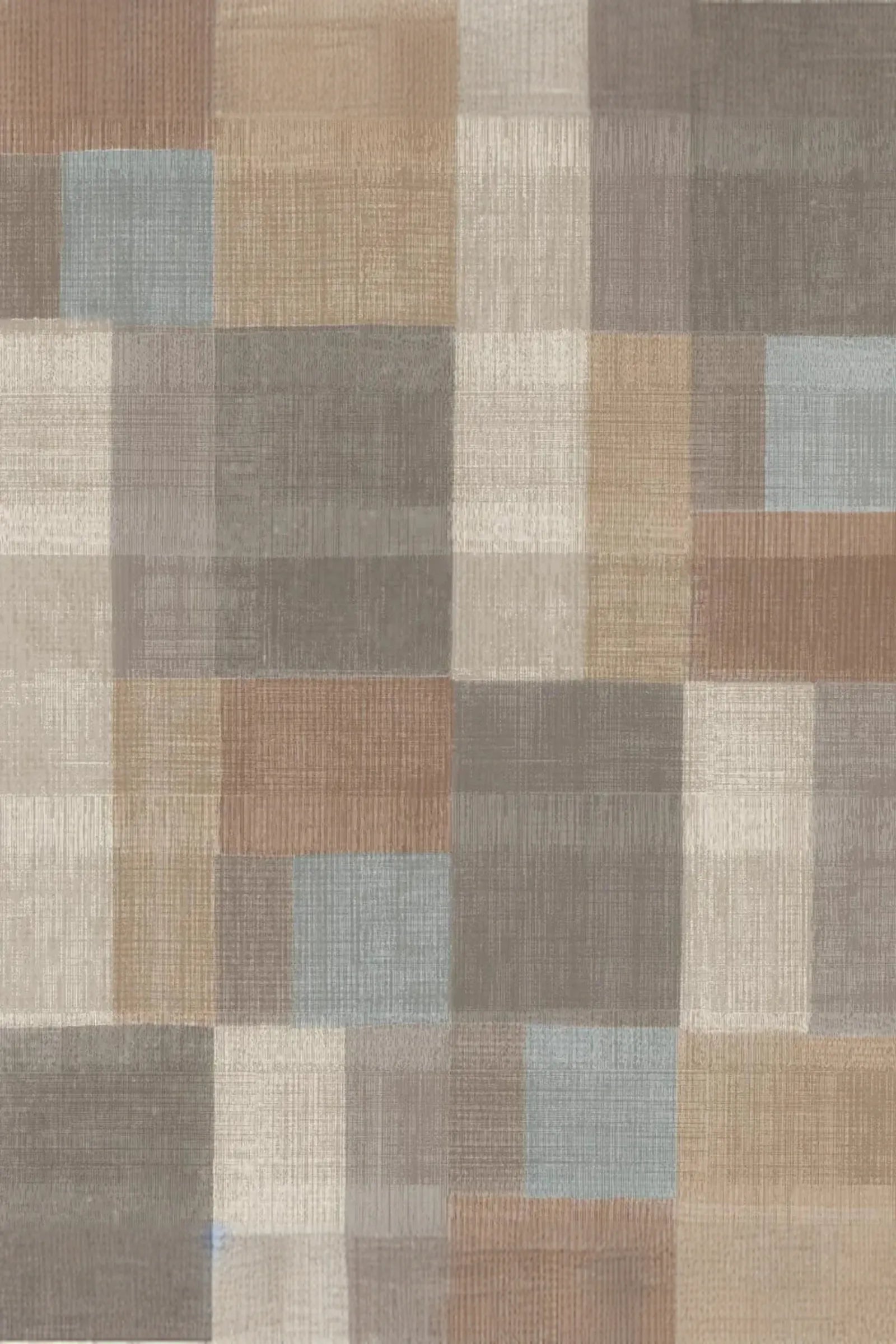 Geometric patchwork pattern in muted beige, brown, blue, and gray squares