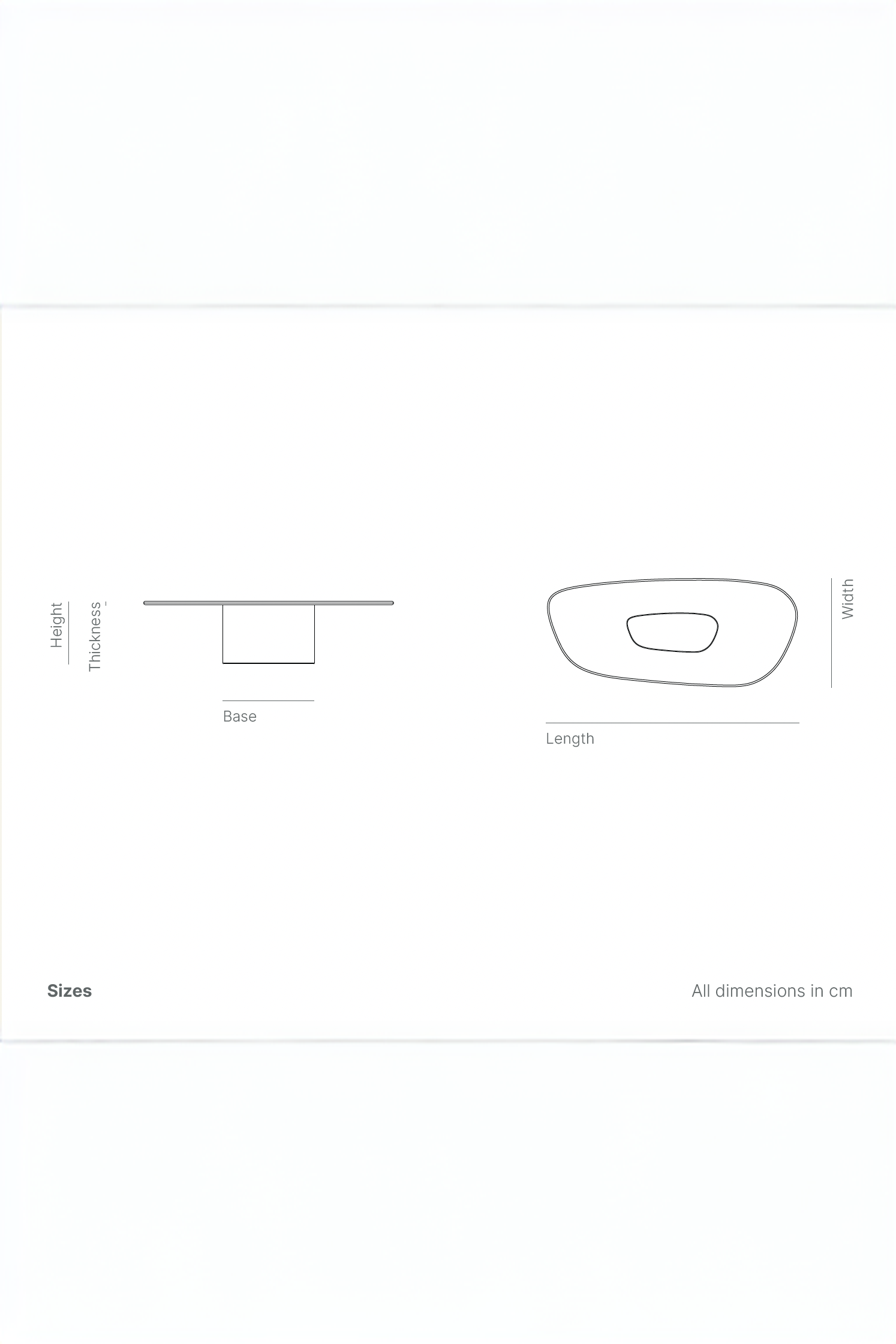 Technical drawing of an irregular modern table with labeled height, base, length, and width dimensions.