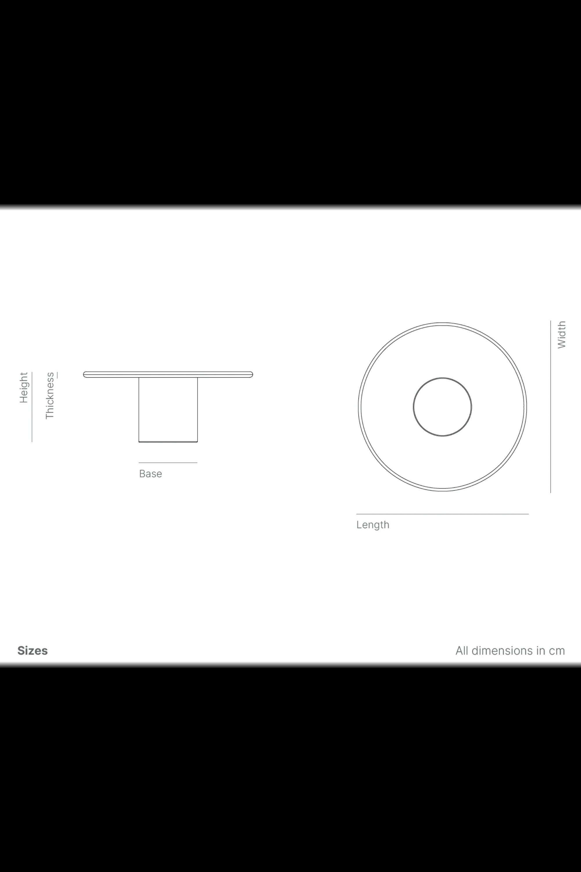 Technical line drawing of a round table with circular base, showing height, width, and dimensions in cm.