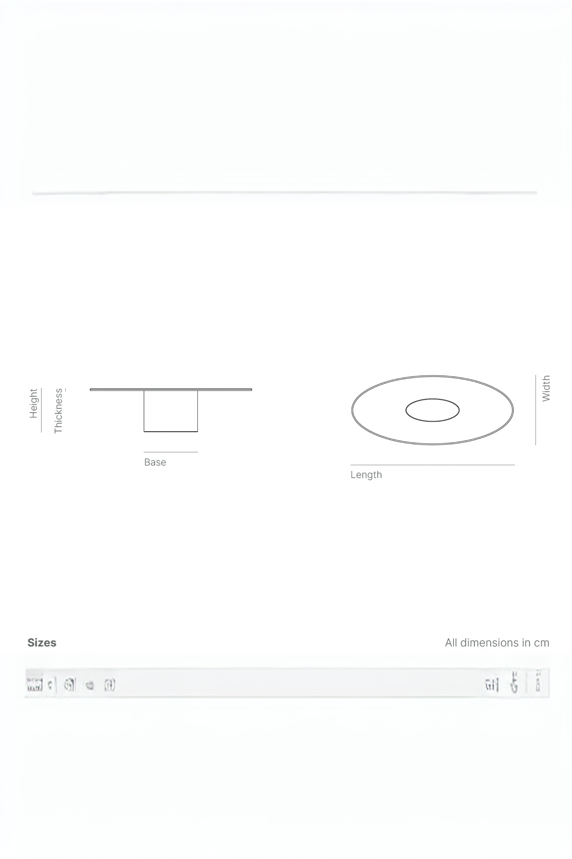 Technical drawing of oval table with base, showing height, width, thickness, and length dimensions.