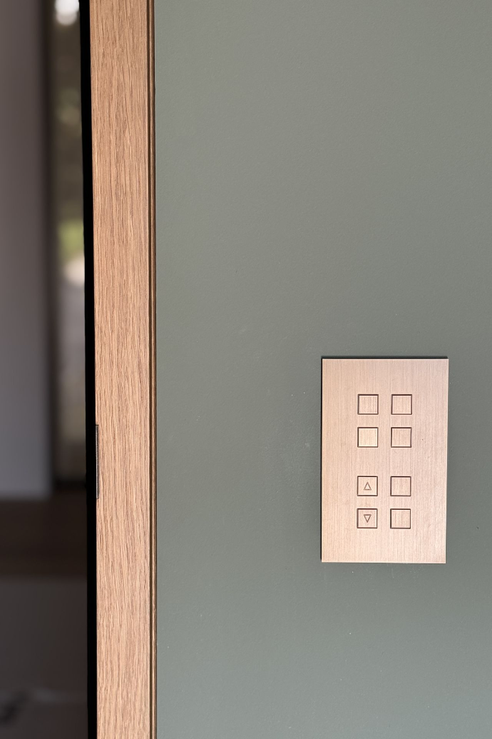 Minimal brass light switch on a coloured wall by Lebo 